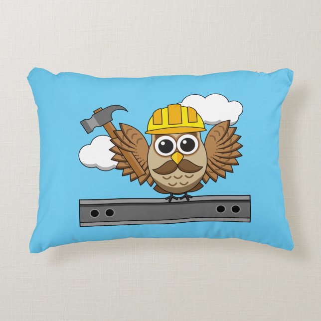 Cute Construction Worker Owl with Hard Hat Cartoon Decorative Cushion (Front)