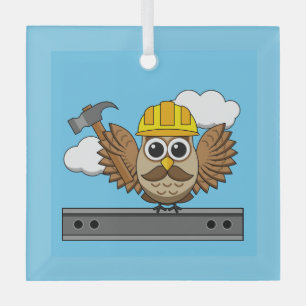 Cute Construction Worker Owl with Hard Hat Cartoon Glass Tree Decoration