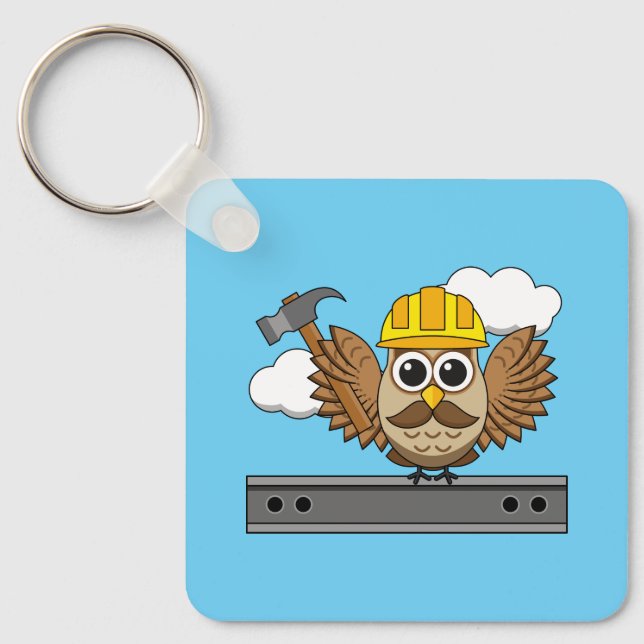 Cute Construction Worker Owl with Hard Hat Cartoon Key Ring (Front)