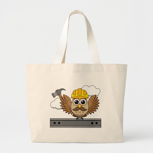 Cute Construction Worker Owl with Hard Hat Cartoon Large Tote Bag (Front)
