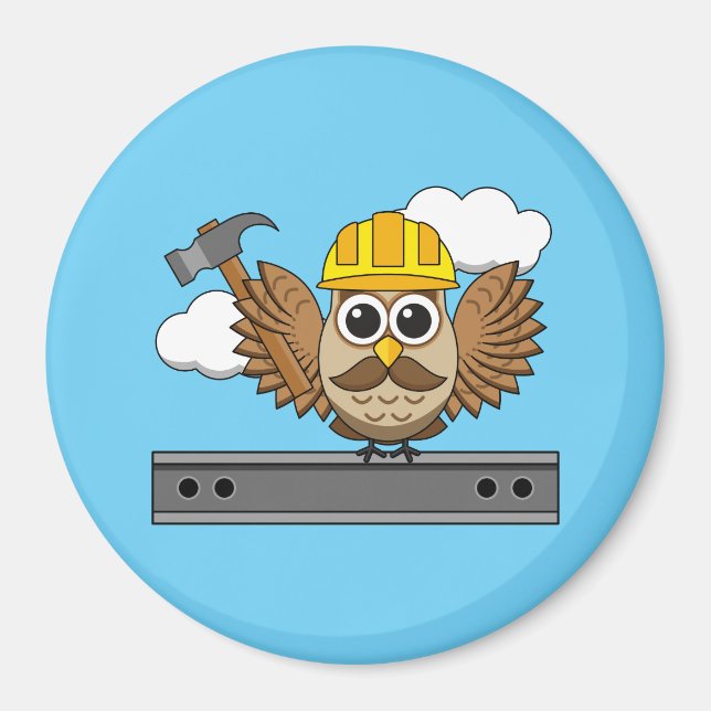 Cute Construction Worker Owl with Hard Hat Cartoon Magnet (Front)