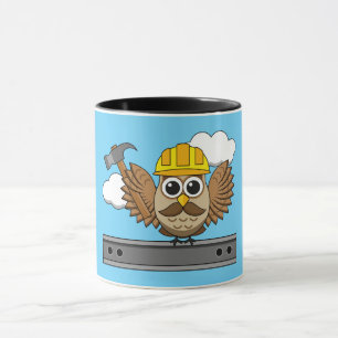 Cute Construction Worker Owl with Hard Hat Cartoon Mug