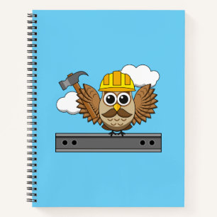 Cute Construction Worker Owl with Hard Hat Cartoon Notebook