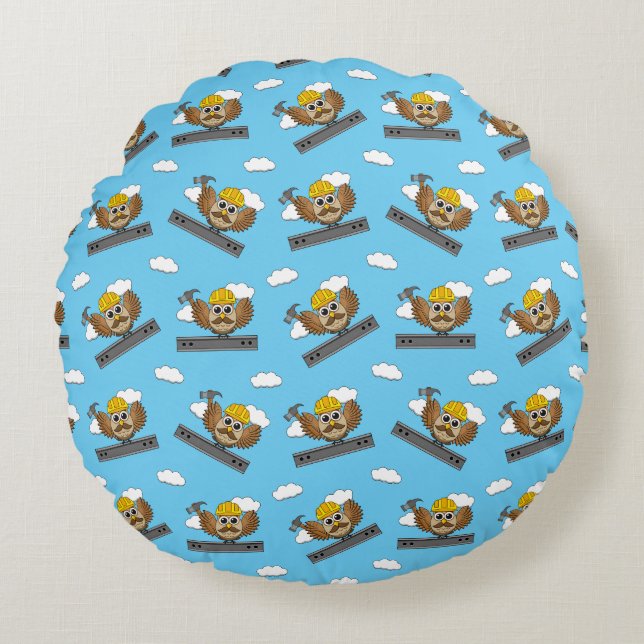 Cute Construction Worker Owl with Hard Hat Cartoon Round Cushion (Front)