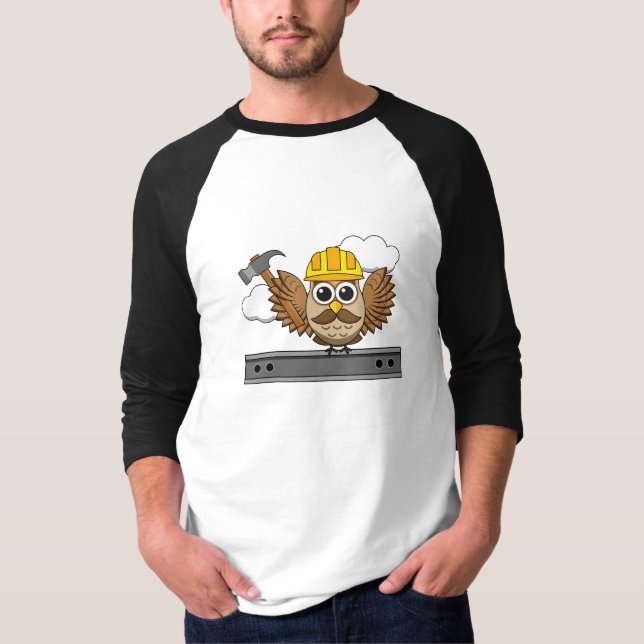 Cute Construction Worker Owl with Hard Hat Cartoon T-Shirt (Front)