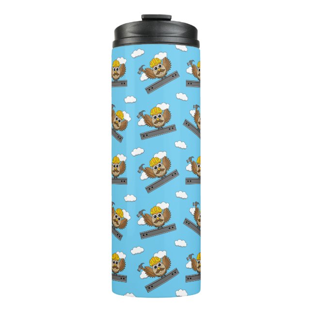 Cute Construction Worker Owl with Hard Hat Cartoon Thermal Tumbler (Front)