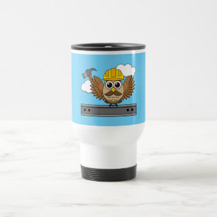 Cute Construction Worker Owl with Hard Hat Cartoon Travel Mug