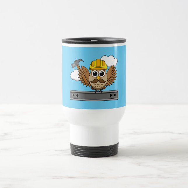 Cute Construction Worker Owl with Hard Hat Cartoon Travel Mug (Center)