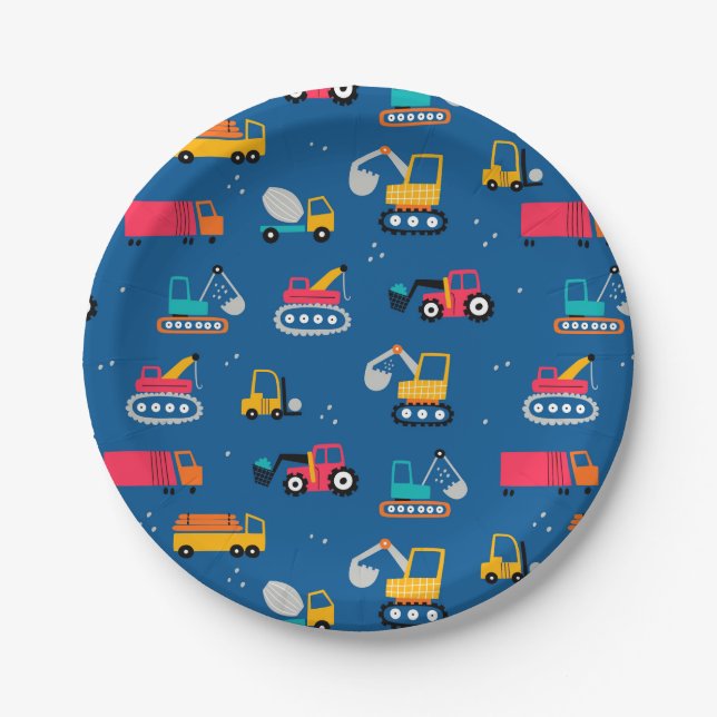 Cute Contruction Movers Pattern Paper Plate (Front)