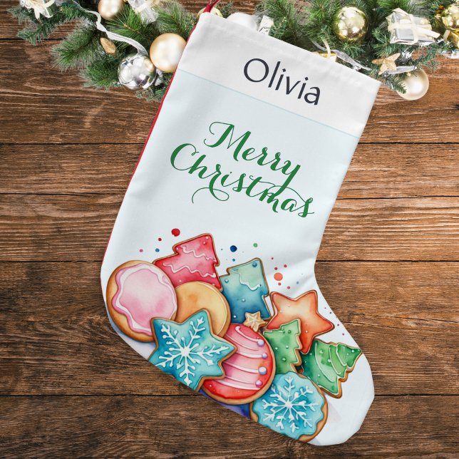 Cute Cookies Holiday Treats Personalised Small Christmas Stocking (A personalized Christmas stocking featuring colorful festive cookies in a watercolor style)
