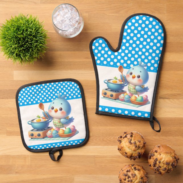 Cute cooking kitchen bird lovers  oven mitt & pot holder set (Top Down)