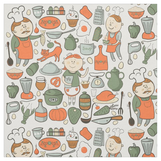 Cute Cooking Kitchen Pots Pans Vintage Pattern Fabric (Swatch)