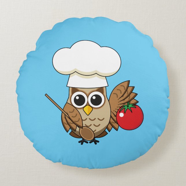 Cute Cooking Owl Cartoon Round Cushion (Front)