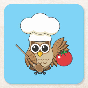 Cute Cooking Owl Cartoon Square Paper Coaster