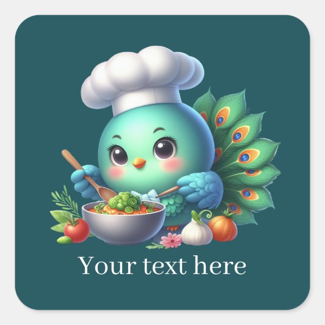 Cute cooking peacock customisable square sticker (Front)