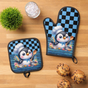Cute cooking penguin kitchen oven mitt & pot holder set