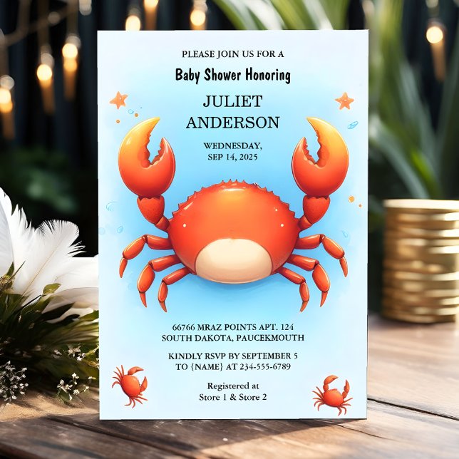 Cute Cool Beach Ocean Catch Red Crab Baby Shower Invitation (Creator Uploaded)