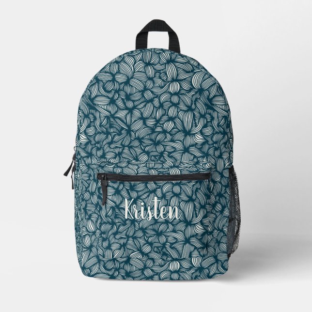 Cute Cool Blue Abstract Line Art Monogram Name Printed Backpack (Front)