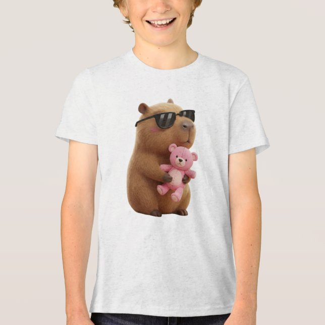 Cute Cool Capybara Hugging Teddy Bear Kids T-Shirt Tri-Blend Shirt (Front)