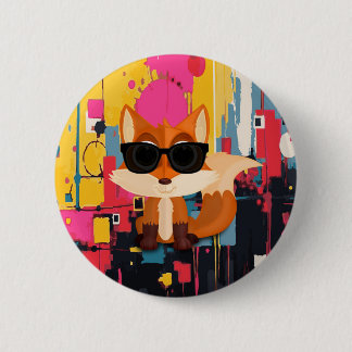 Cute Cool Fox with Sunglasses on Colourful Abstrac 6 Cm Round Badge