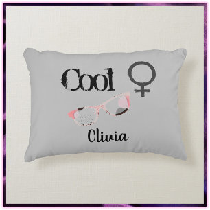 Cute Cool Girl with Sunglasses Grey and Pink Decorative Cushion