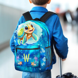 Cute Cool Happy Turtle Ocean Name Monogram Boy Printed Backpack