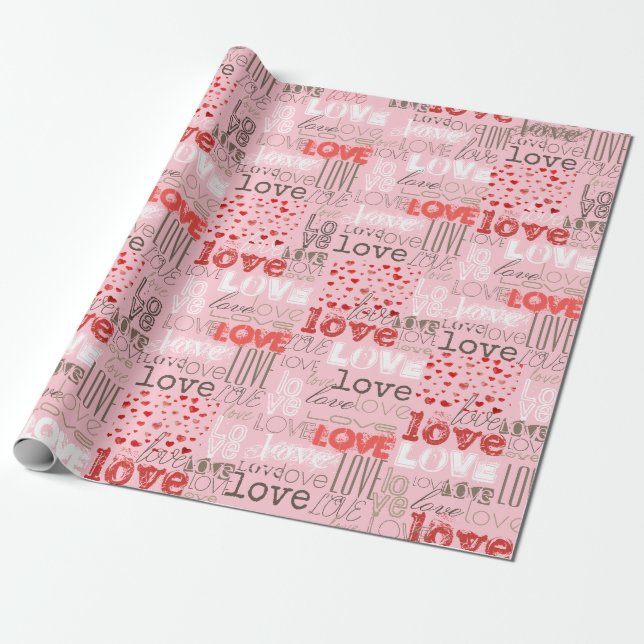 Cute Cool Modern Love Words Hearts Pink Wrapping Paper (Unrolled)