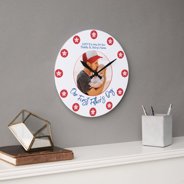 Cute & Cool Modern New Dad Photo First Fathers Day Large Clock (Office)