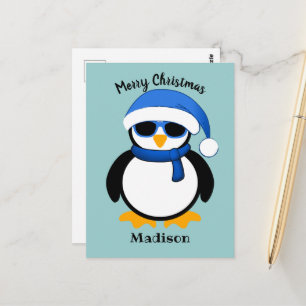 Cute cool penguin Merry Christmas blue Postcard
