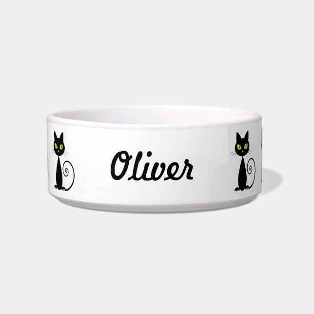 Cute Cool Sitting Black Cat with Green Eyes Bowl (Front)