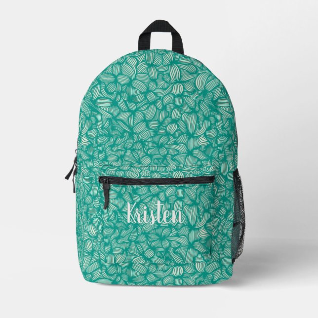 Cute Cool Teal Abstract Line Art Monogram Name Printed Backpack (Front)