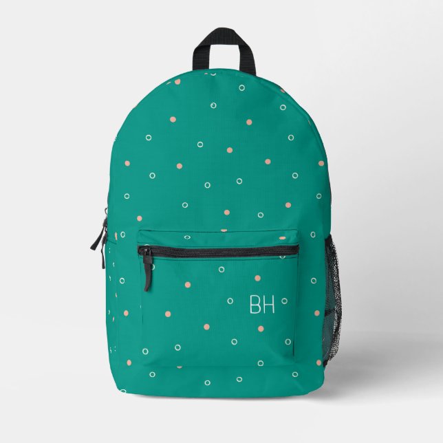 Cute Cool Teal Polka Dots Monogram Initials Printed Backpack (Front)