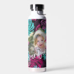 Cute Cool Tropical | Custom Photo and Script Text Water Bottle<br><div class="desc">Create your own custom Photo and Script Text Water Bottle with this modern and trendy template featuring your personalised photo, a modern calligraphy text where you can add motivational quote, kids name or any custom text, and a cool hawaiian leaves background in black, pink and blue. Any colour, any font,...</div>