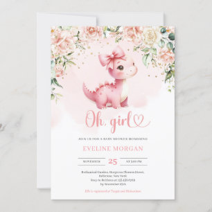 Cute coquette baby dinosaur It's a Girl floral Invitation