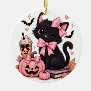 Cute Coquette Black Cat Halloween with Pink Bows Ceramic Tree Decoration