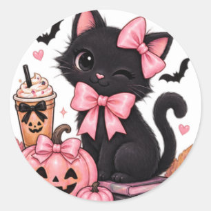 Cute Coquette Black Cat Halloween with Pink Bows Classic Round Sticker