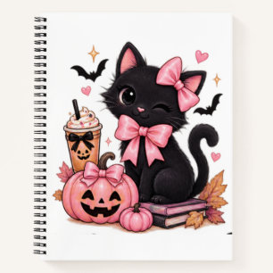 Cute Coquette Black Cat Halloween with Pink Bows Notebook
