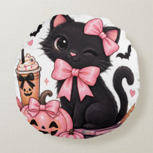Cute Coquette Black Cat Halloween with Pink Bows Round Cushion