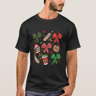 Cute Coquette Bow Apple Pencil Book Coffee Teacher T-Shirt