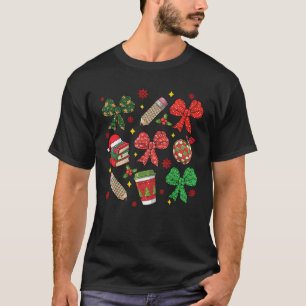 Cute Coquette Bow Apple Pencil Book Coffee Teacher T-Shirt
