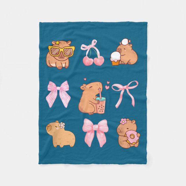Cute Coquette Bow Capybara Pajamas Pjs Clothes Gir Fleece Blanket (Front)
