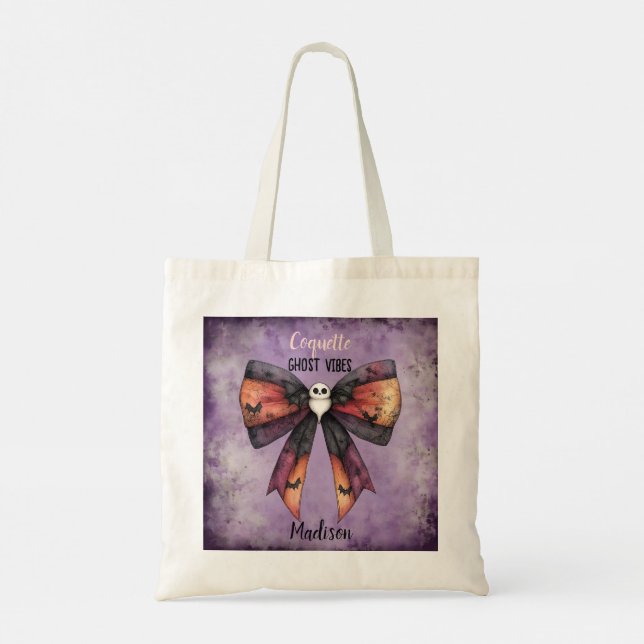 Cute Coquette Bow Ghost Vibes Custom Halloween Tote Bag (Back)