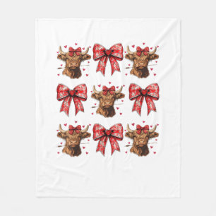 Cute Coquette Bow Heart Highland Cow Western Valen Fleece Blanket