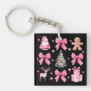 Cute Coquette Bow Pink Christmas Santa Gingerbread Key Ring