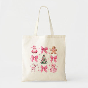 Cute Coquette Bow Pink Christmas Santa Gingerbread Tote Bag