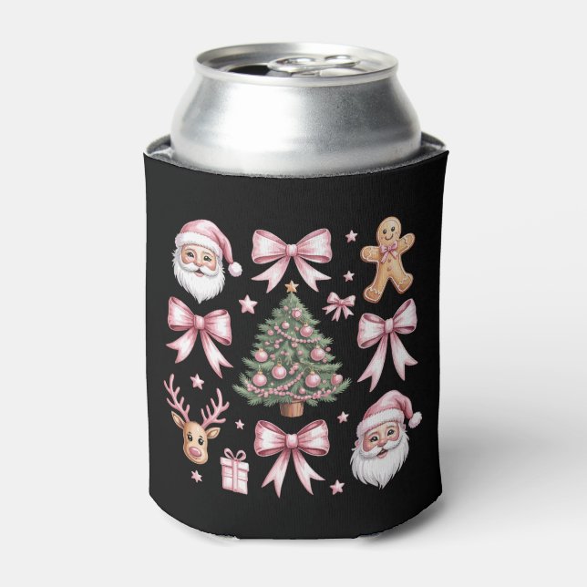 Cute Coquette Bow Pink Christmas Tree Santa Ginger Can Cooler (Can Front)