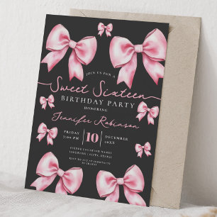 Cute Coquette Bow Sweet 16 Birthday Pink Black  Invitation