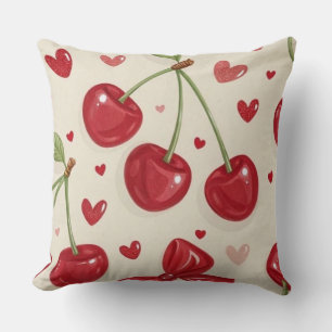 Cute Coquette Cherry and Red Ribbon Bows Seamless Cushion