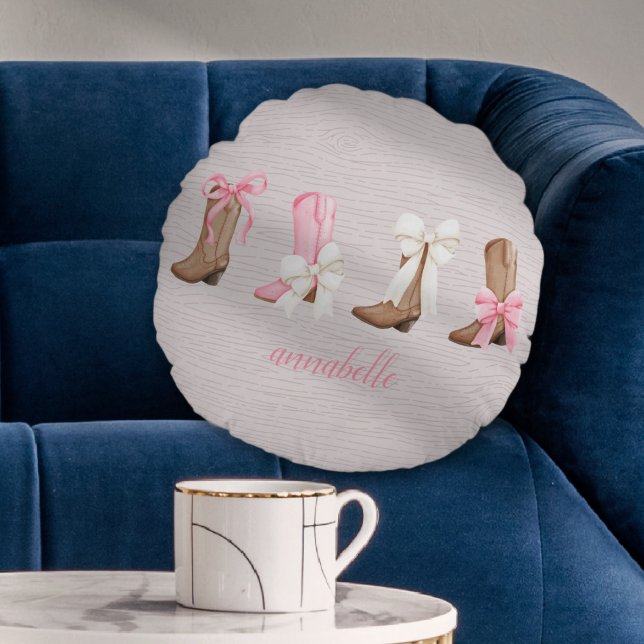 Cute Coquette Cowgirl Boots Personalised  Round Cushion (Cute Coquette Cowgirl Boots Personalized Round Pillow)