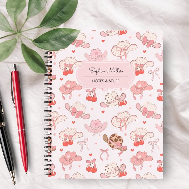 Cute Coquette Cowgirl Hat Cherry Bow Monogram Notebook (Creator Uploaded)